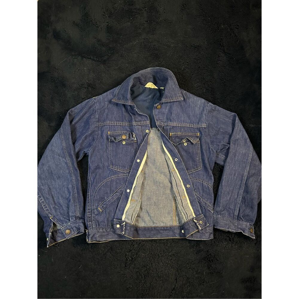 Vintage 1960s Slantzi Craft Selvedge Blue Jean Denim Needlepoint Jacket Womens L